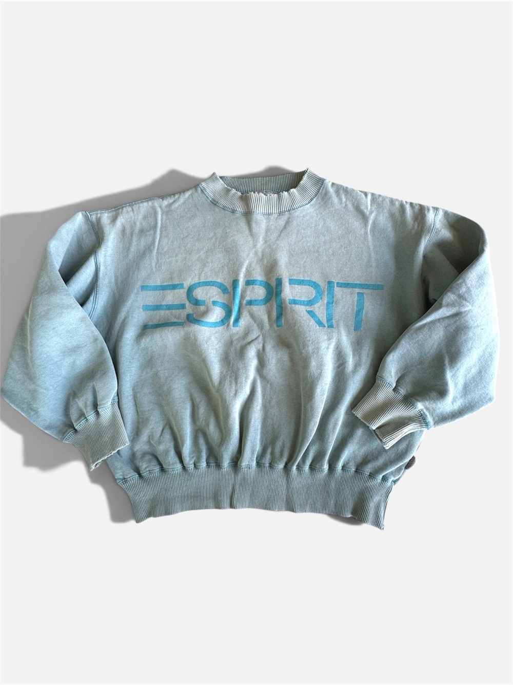 Vintage ESPRIT Basix Teal Sun Faded Distressed Cotton Logo Mockneck Sweatshirt